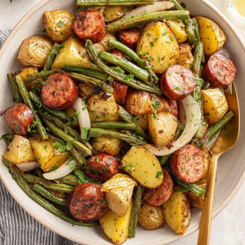 Sheet Pan Sausage with Green Beans and Potatoes