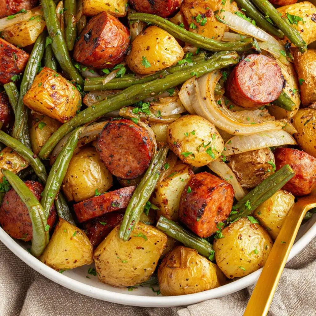 Sheet Pan Sausage with Green Beans and Potatoes