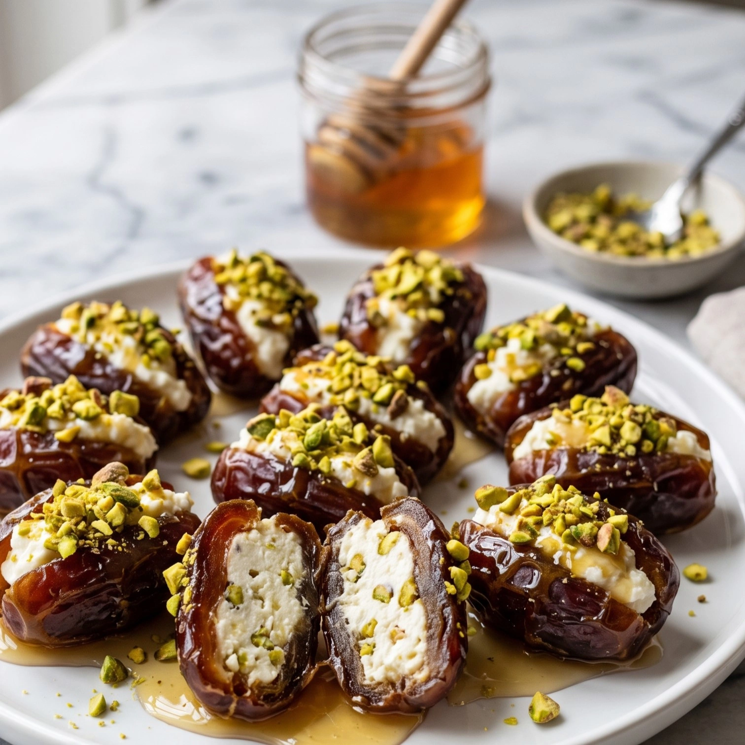 Honey Pistachio Ricotta Stuffed Dates 2 Honey Pistachio Ricotta Stuffed Dates